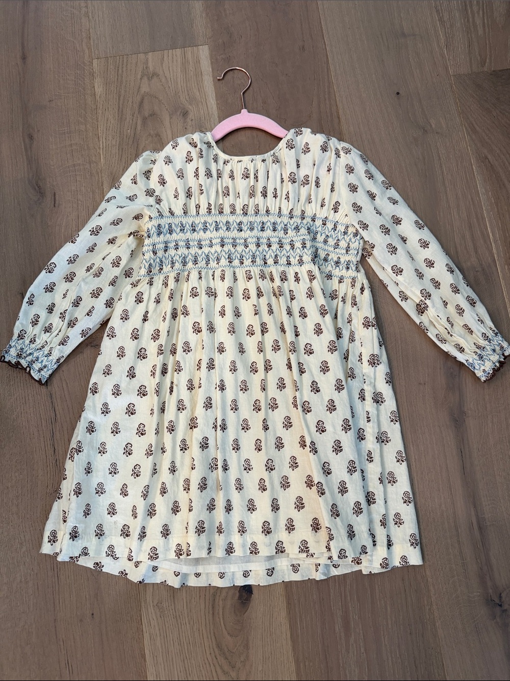 Cream Smocked Floral Long-Sleeve Dress